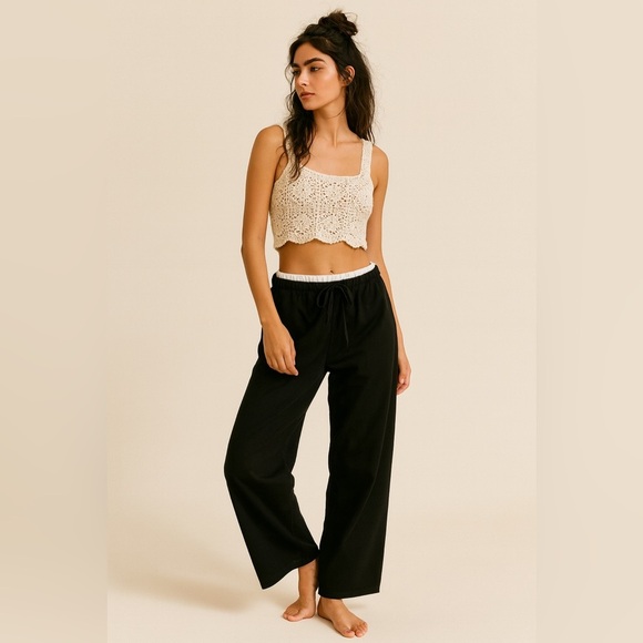 NWT White Black Trouser Pants Wide Leg Viscose Drawstring Dress Pant - Picture 1 of 5